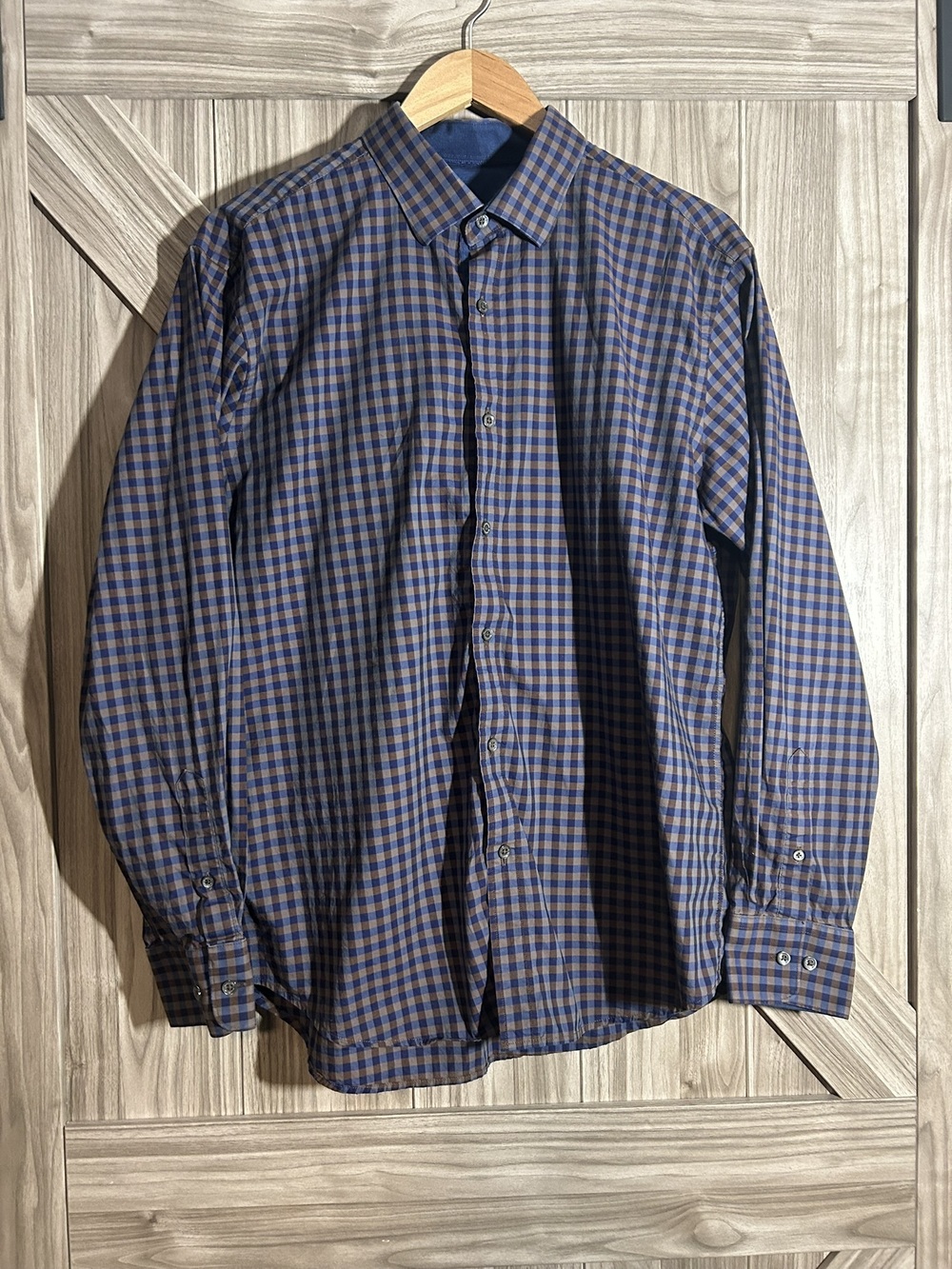 BUGATCHI UOMO Shaped Fit Blue Brown Gingham Plaid Cotton Dress Shirt 23x30